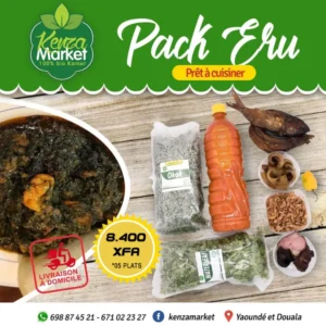 Pack Eru prêt à cuisiner avec feuilles d’Eru, waterleaf, huile rouge, poisson fumé, condiments et ingrédients traditionnels – Kenza Market.