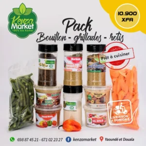 Pack d’épices Kenza Market comprenant marinades, rondelle, djansang, piment, sel épicé, légumes séchés et assaisonnements variés pour bouillons, grillades et rôtis.