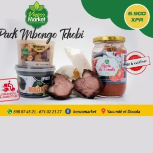 Pack "Mbongo Tchobi" de Kenzamarket comprenant un pot d'épices Mbongo, un pot de Djansang, un pot de Purée de Tomate de 450g et de la viande fumée, au prix de 6.900 XFA. Mention "Prêt à cuisiner".