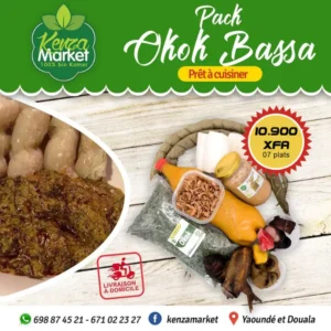 Pack "Okok Bassa" de Kenzamarket comprenant les ingrédients essentiels (feuilles d'okok, huile de palme, pâte, oignons frits, poisson fumé) pour 07 plats, au prix de 10.900 XFA. Mention "Prêt à cuisiner".