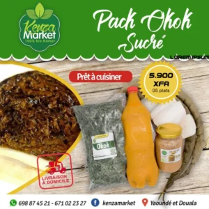 Pack "Okok Sucré" de Kenzamarket au prix de 5.900 XFA. Il contient des feuilles d'okok, de l'huile de palme, un pot de pâte et du sucre, permettant de réaliser 05 plats. Mention "Prêt à cuisiner".