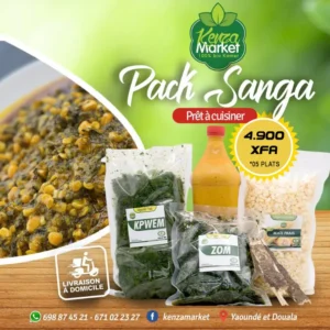 Pack "Sanga" de Kenzamarket à 4.900 XFA. Il contient du Maïs Frais, des légumes-feuilles KPwem et Zom, de l'huile et une écorce, permettant de réaliser 05 plats.