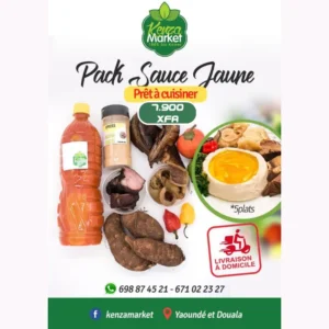 Pack "Sauce Jaune" de Kenzamarket à 7.900 XFA. Il contient des tubercules de taro, de l'huile de palme, des épices, et de la viande/poisson, permettant de réaliser 07 plats. Mention "Prêt à cuisiner".