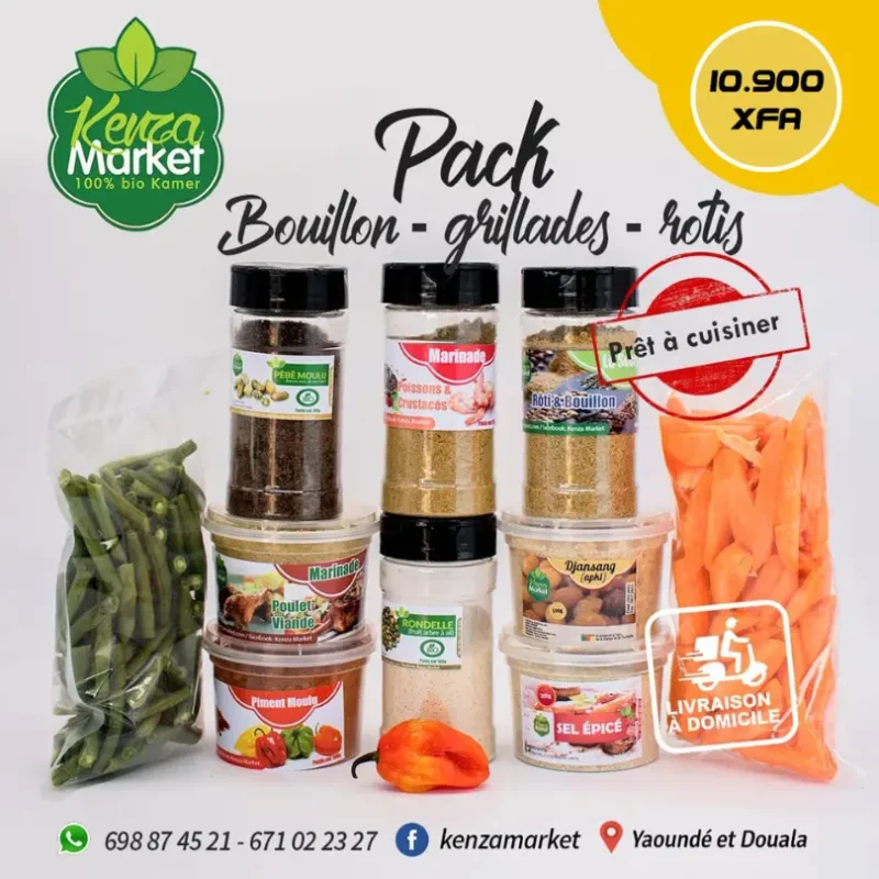 Pack d’épices Kenza Market comprenant marinades, rondelle, djansang, piment, sel épicé, légumes séchés et assaisonnements variés pour bouillons, grillades et rôtis.